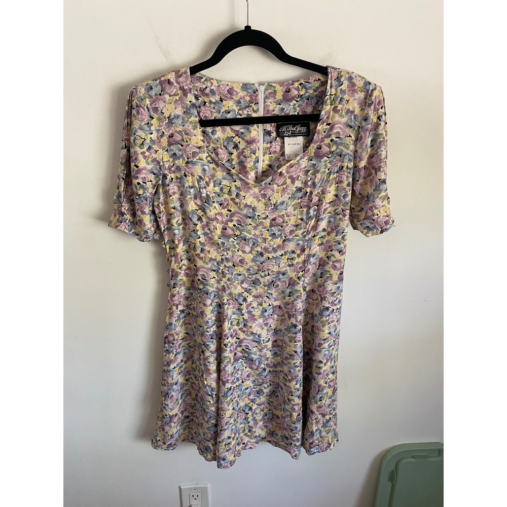 Vintage All That Jazz Floral Mini Dress 5/6 Pastel Rayon 90s Sweetheart Neck USA